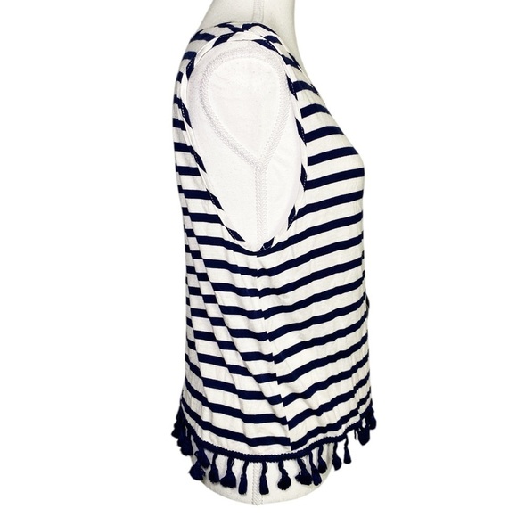 Everly Navy and White Striped Women's Tank Top with Tassels - Picture 3 of 12